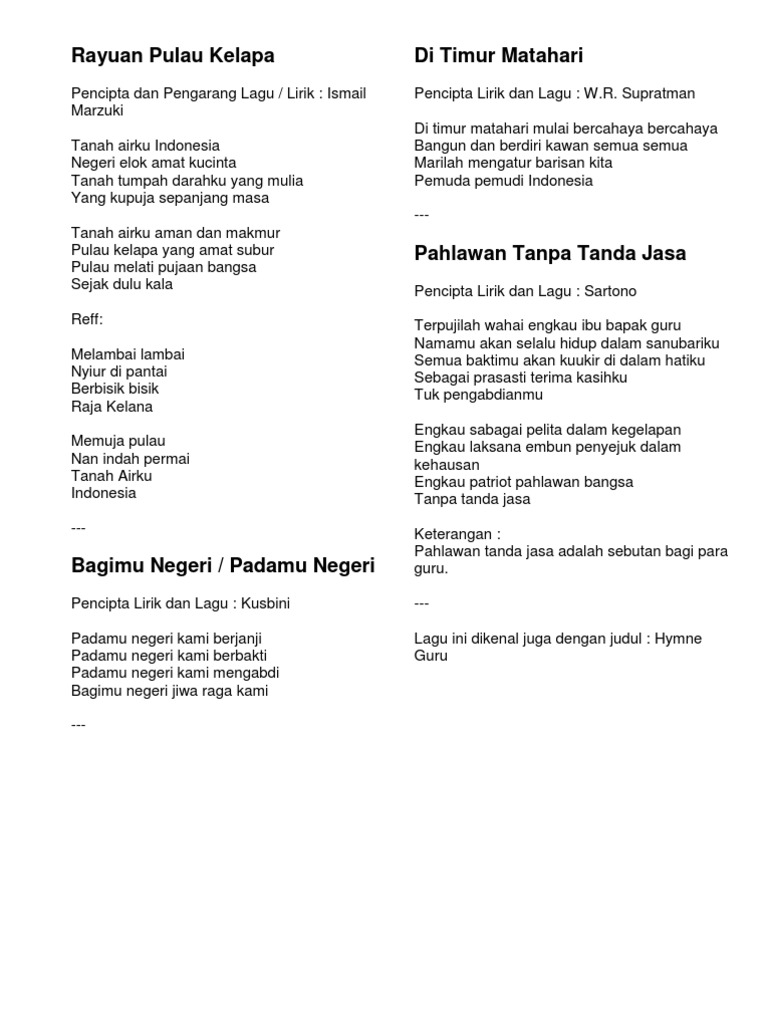 Kumpulan Lirik Lagu Wajib Nasional