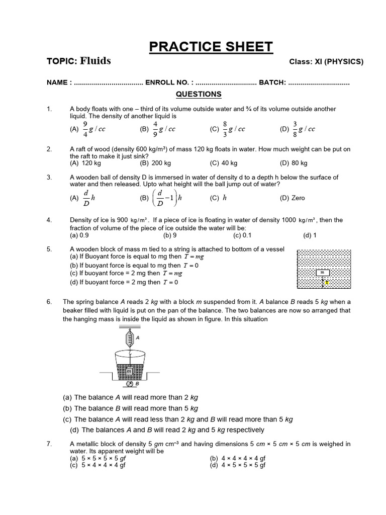 Fluids Practice Sheet for Class XI Physics | PDF | Density | Buoyancy