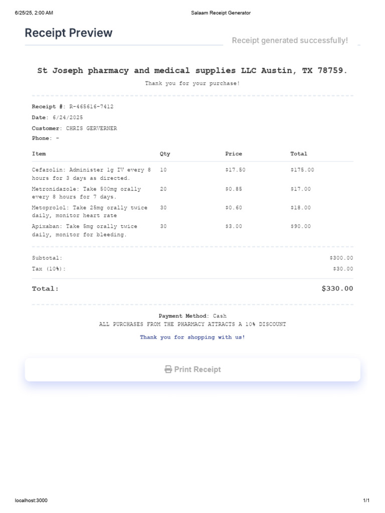St Joseph Pharmacy Receipt Summary | PDF