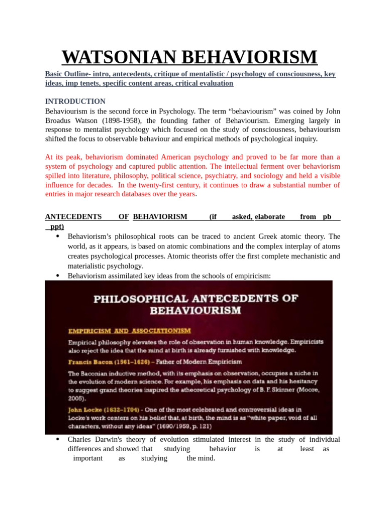 Overview of Watsonian Behaviorism | PDF | Behaviorism | Reinforcement