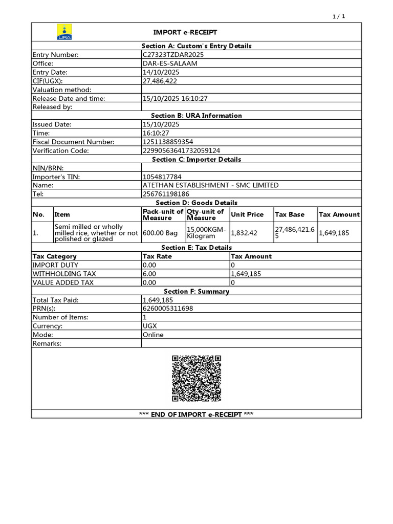 Import e-Receipt for ATETHAN SMC Limited | PDF