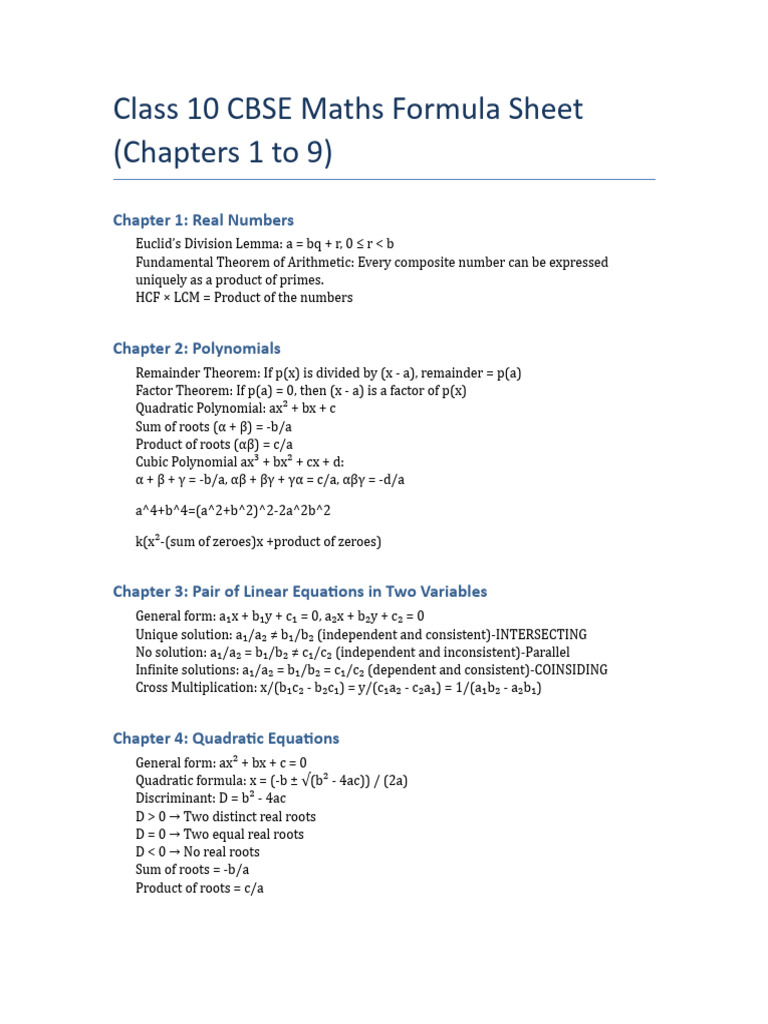 Class 10 CBSE Maths Formula Guide | PDF | Mathematics