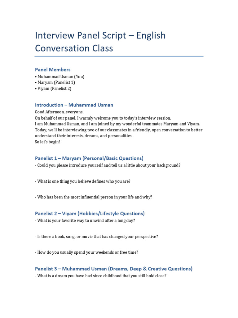 Interview Panel Script for Conversation Class | PDF