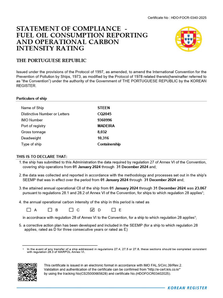Statement of Compliance: Fuel Oil Reporting | PDF | Shipping