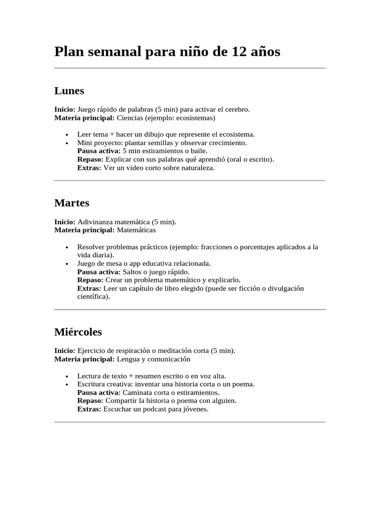Plan Semanal Educativo para Niños de 12 Años | PDF