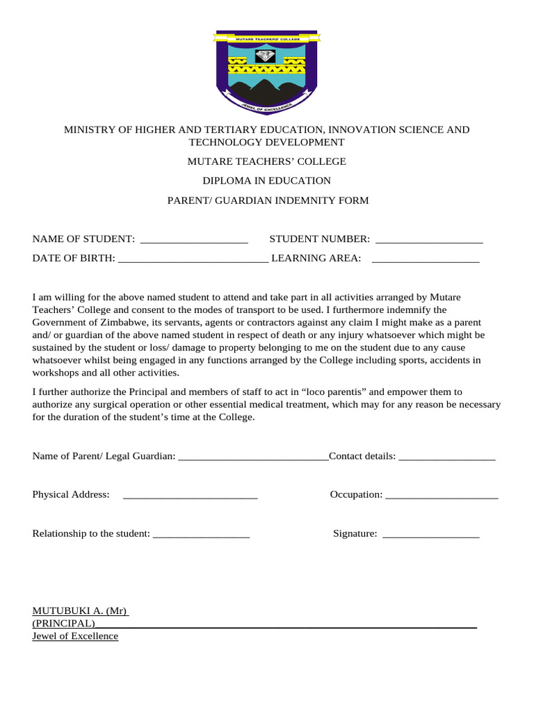 Mutare Teachers' College Ideminty Form | PDF