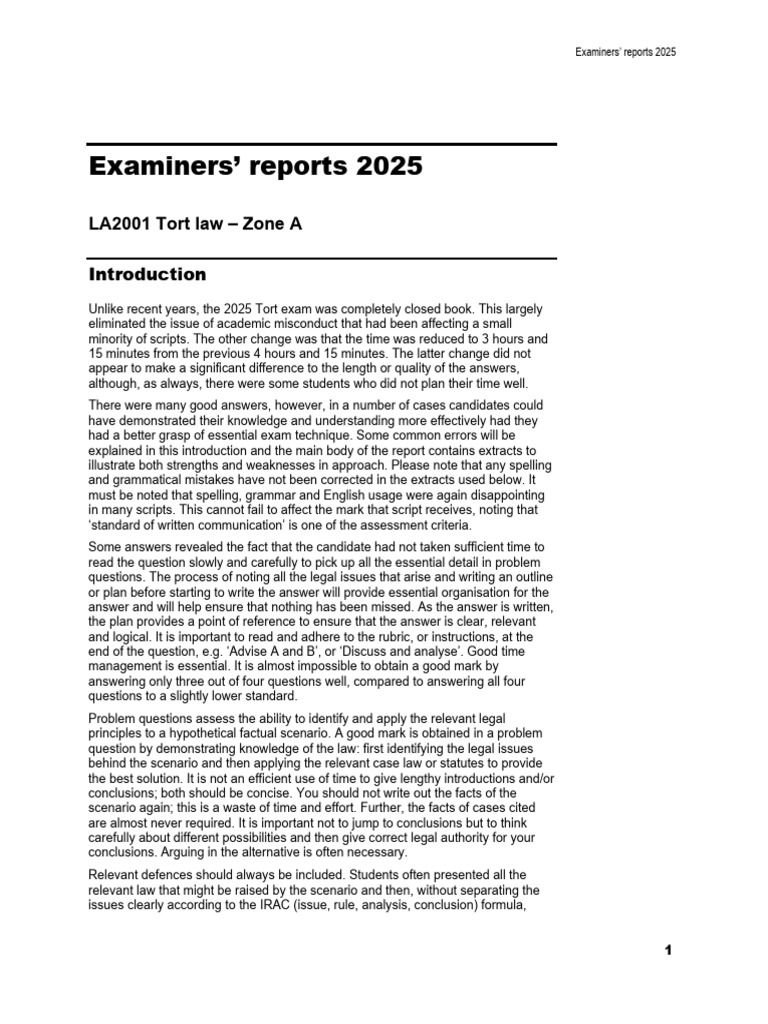 Examiners' Report: 2025 Tort Law Insights | PDF | Private Law | Common Law