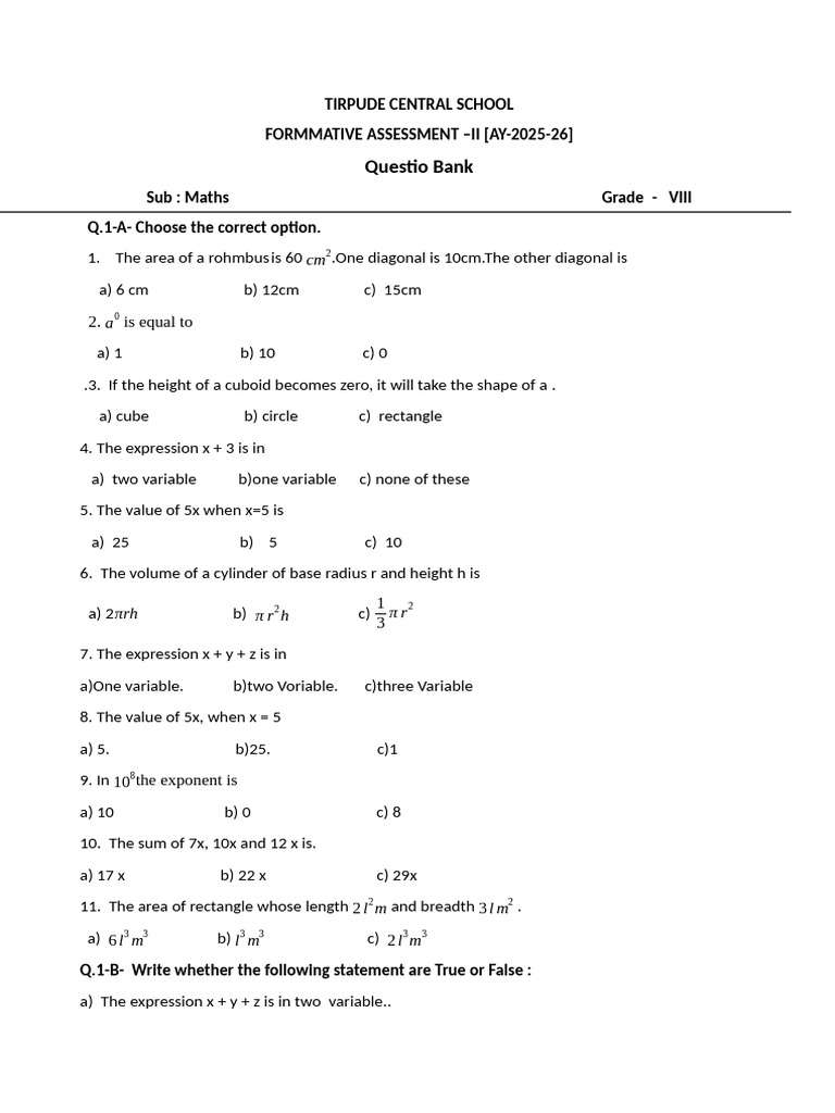 Grade 8 Maths Question Bank 2025-26 | PDF | Area | Length
