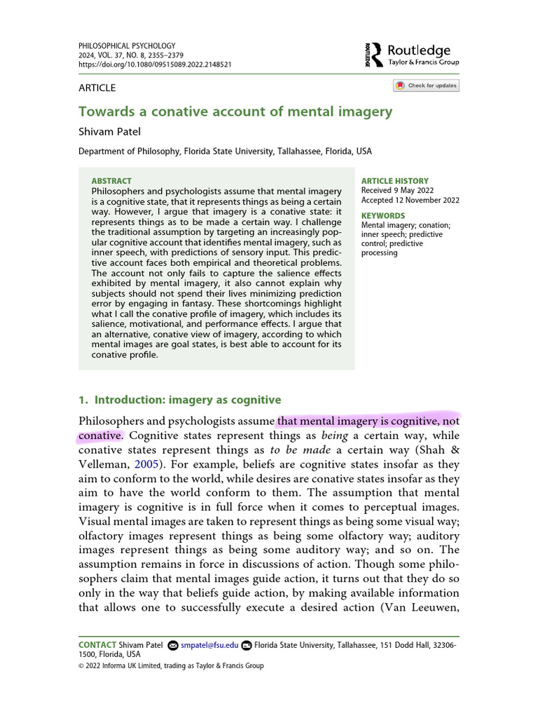 Conative Nature of Mental Imagery | PDF | Mental Image | Perception