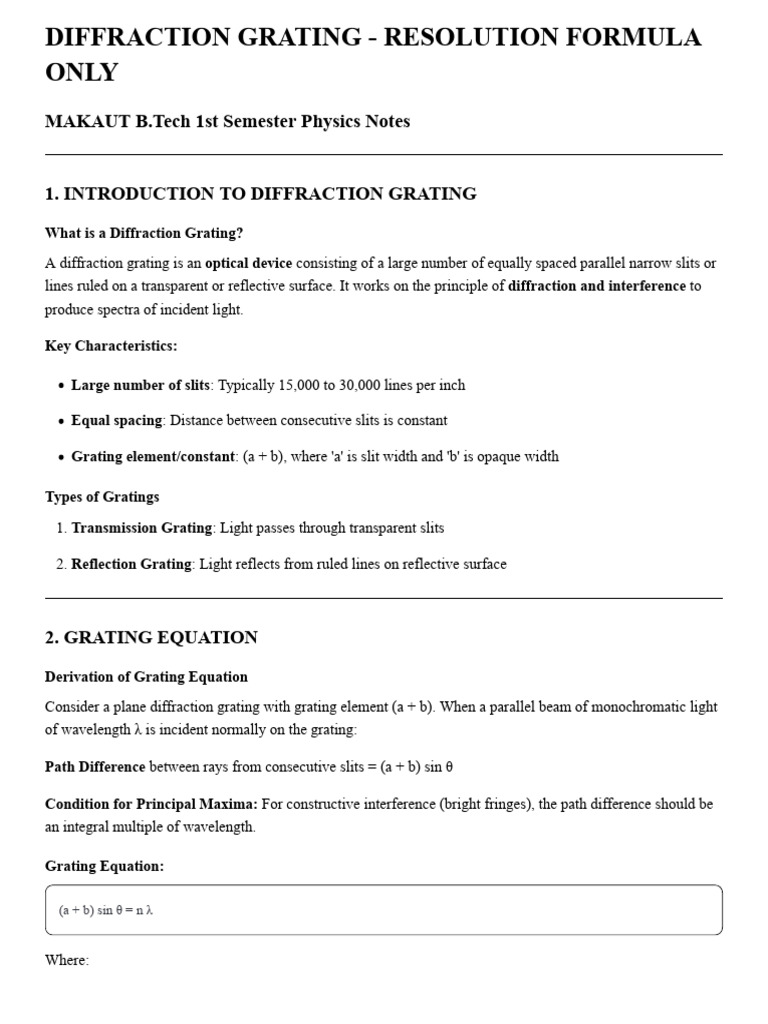 Diffraction Grating Resolving Power Guide | PDF | Angular Resolution ...