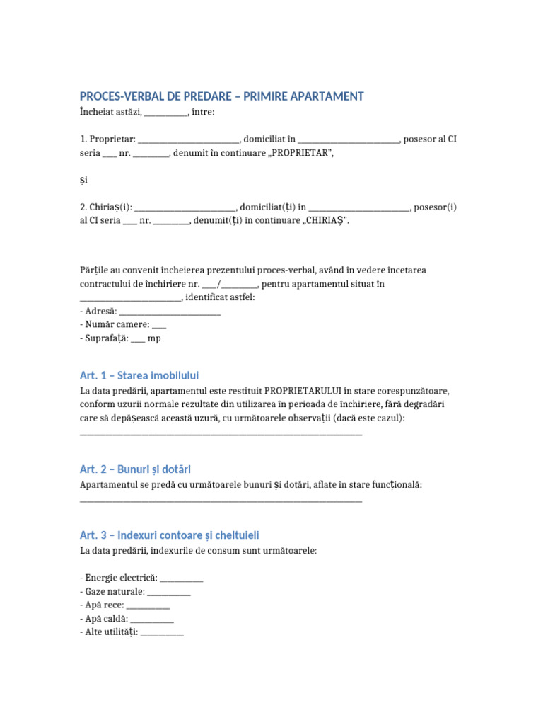 Proces Verbal Predare Primire Apartament | PDF