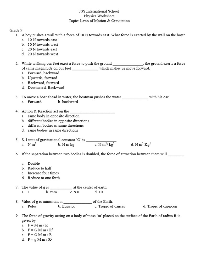 Grade 9 Physics: Laws of Motion Worksheet | PDF | Force | Gravity