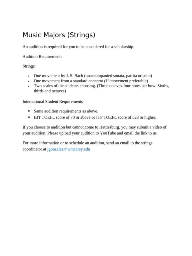 Strings Audition Requirements for Music Majors | PDF