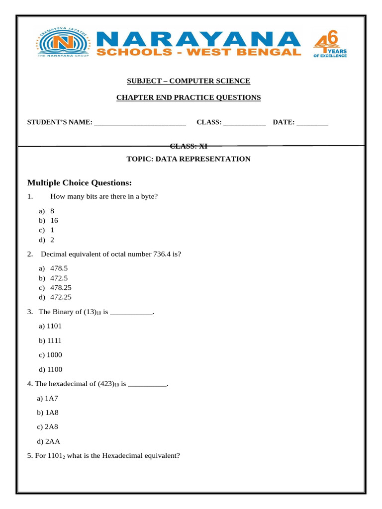 Data Representation Practice Questions | PDF | Computer Data | Notation
