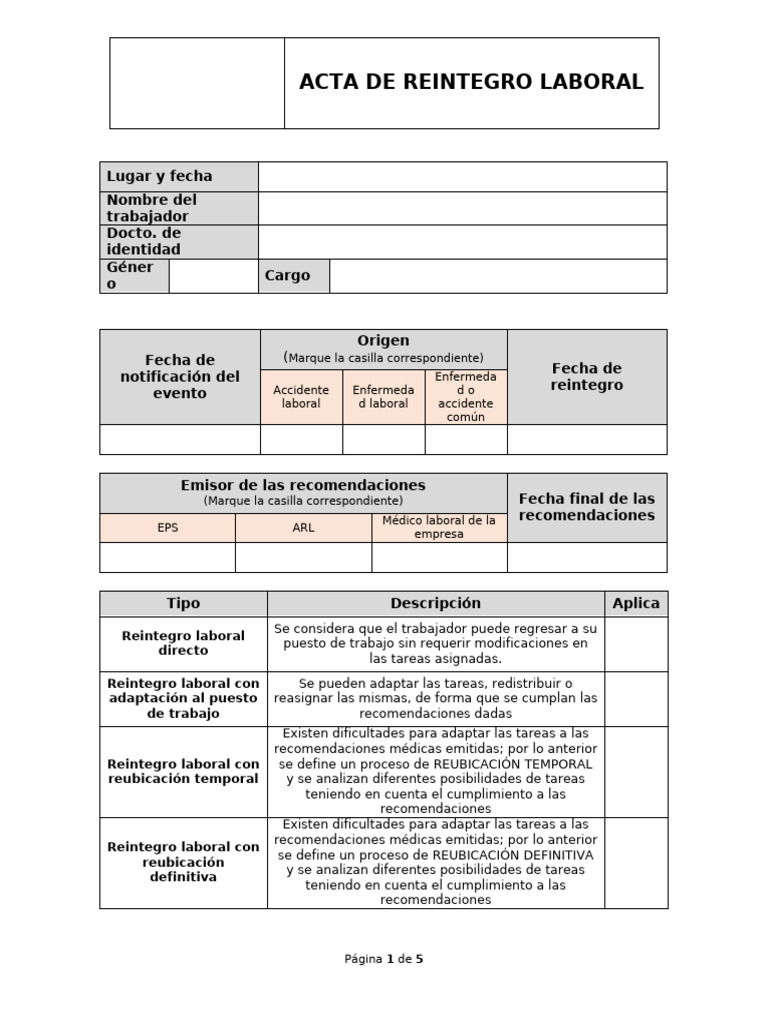 Acta de Reintegro Laboral y Recomendaciones | PDF