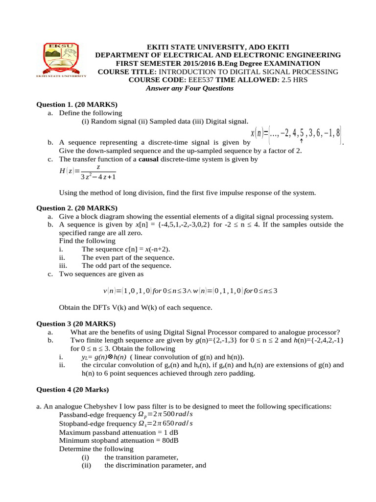 Digital Signal Processing Exam Questions | PDF | Low Pass Filter ...