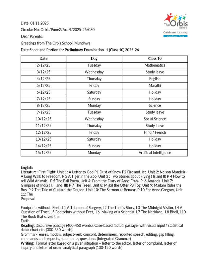 Class 10 Preliminary Exam Schedule 2025-26 | PDF | Equations | Area