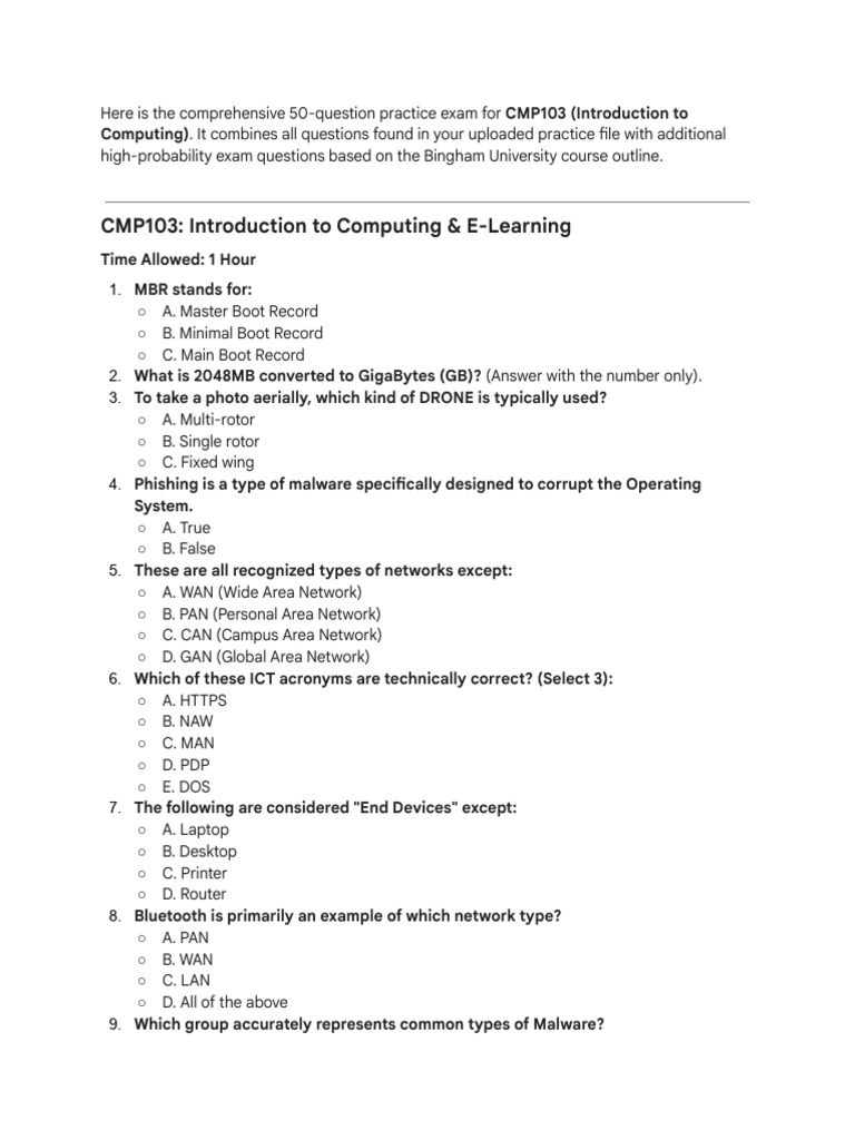 CMP103 Computing Practice Exam Questions | PDF
