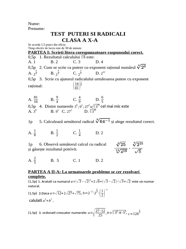 Test Puteri Si Radicali Clasa A X A NR 2 PDF