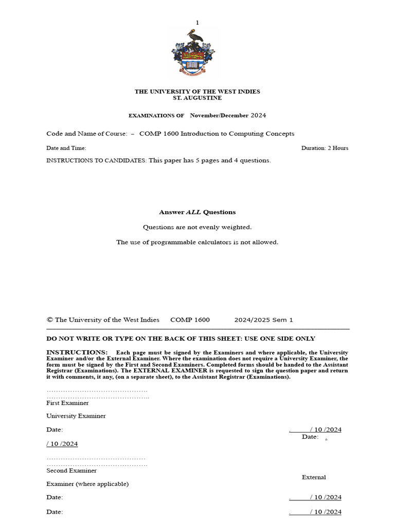 COMP 1600 Computing Exam Paper 2024 | PDF | Computer Science | Computing