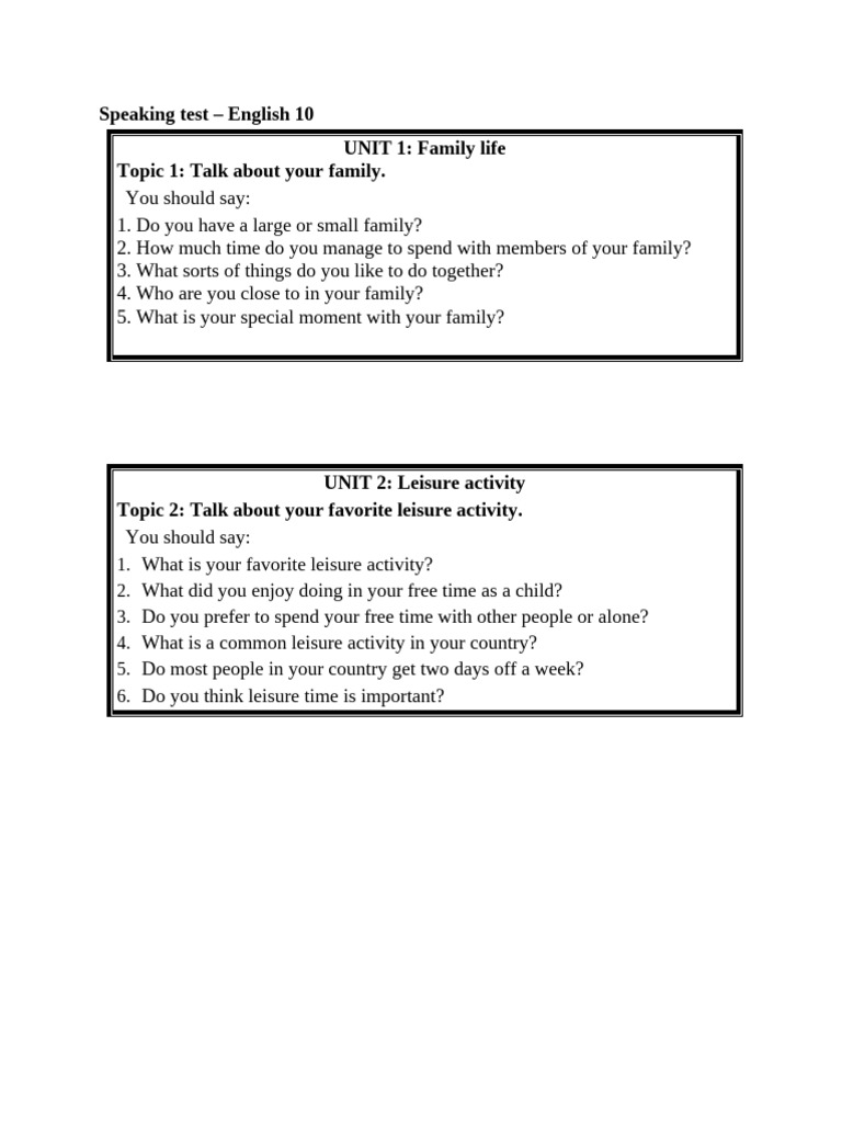English 10 Speaking Test Topics | PDF