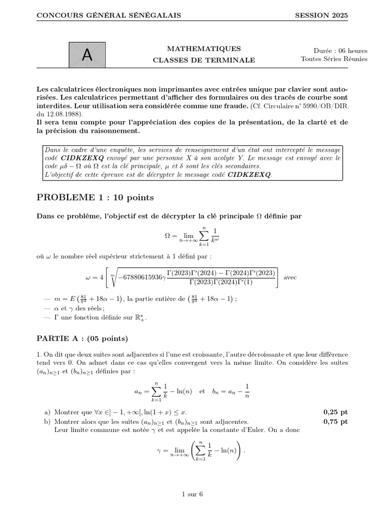 Concours Mathématiques Sénégal 2025 | PDF