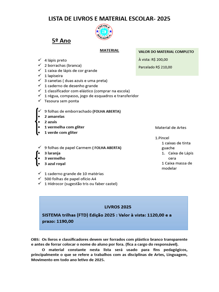 Material Escolar 5º Ano 2025 | PDF