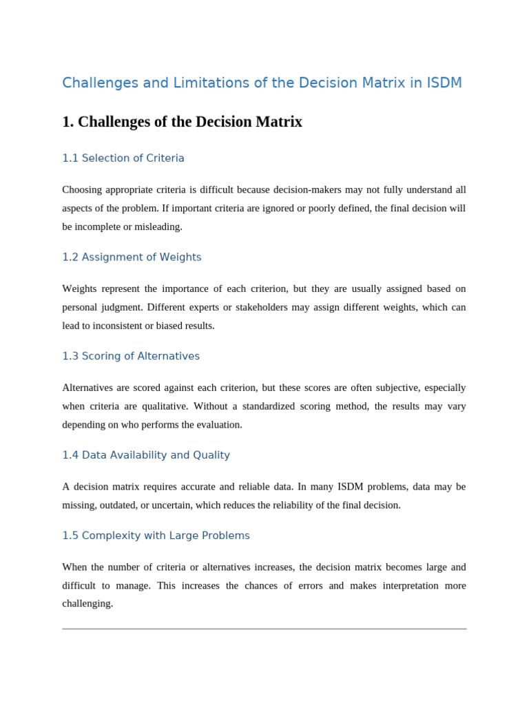 Challenges and Limitations of The Decision Matrix in ISDM | PDF ...