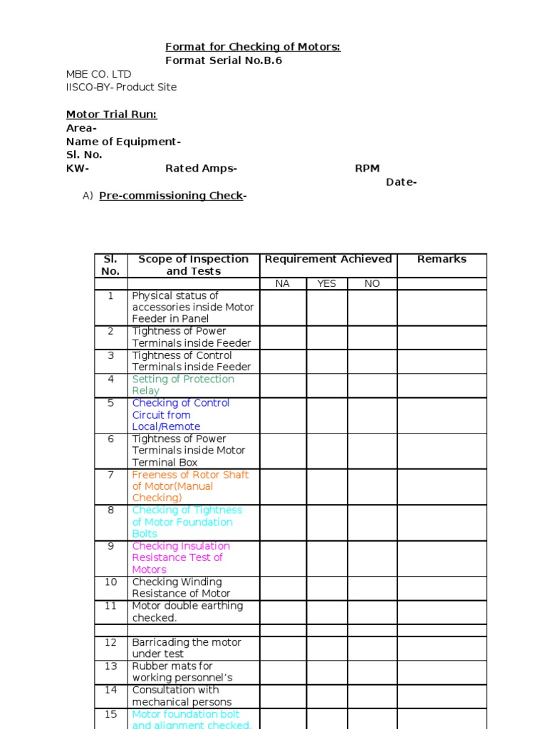 Motor No Load Trial Run Checklist | PDF | Cable | Switch