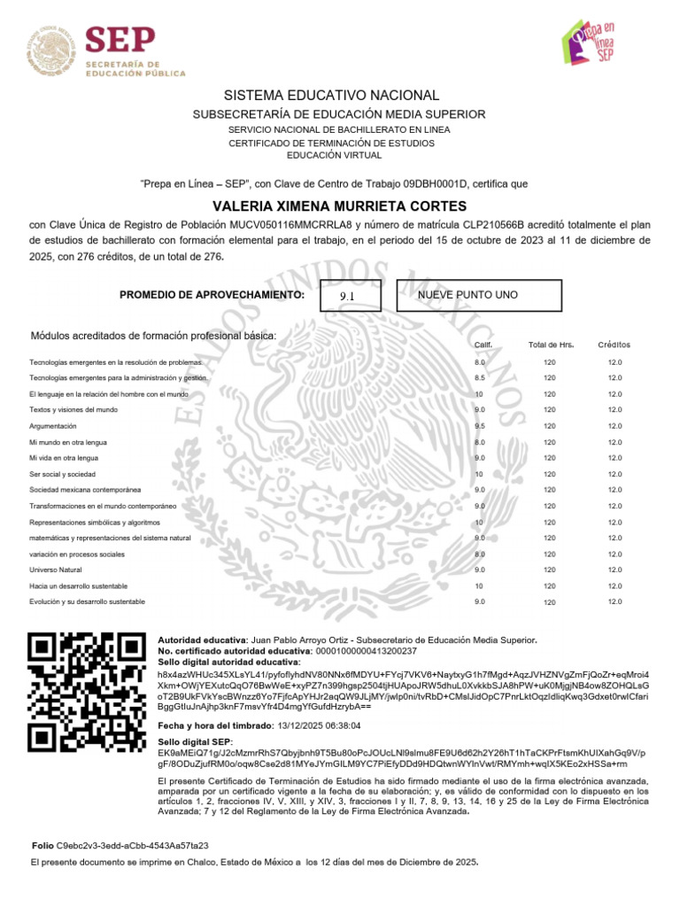 Certificado de Bachillerato en Línea SEP | PDF