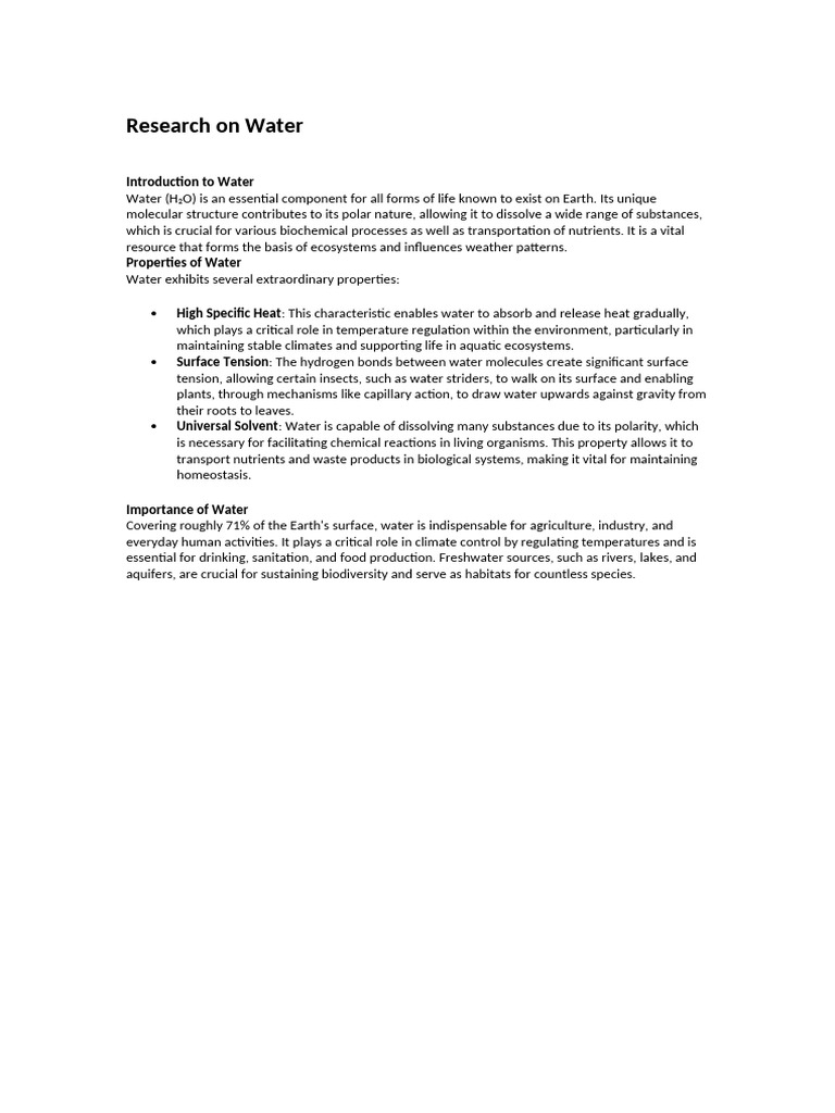 Essential Properties and Importance of Water | PDF