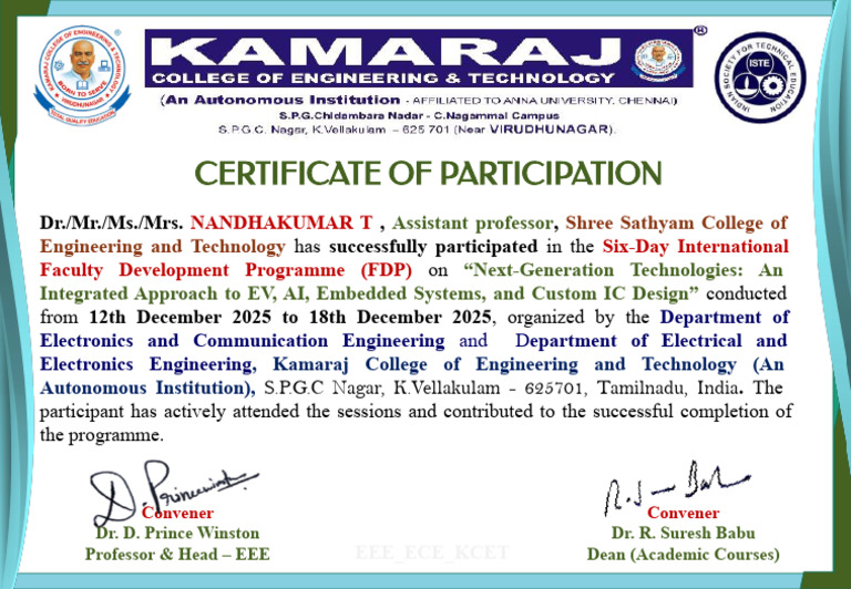 Certificate of Participation in FDP on EV & AI | PDF