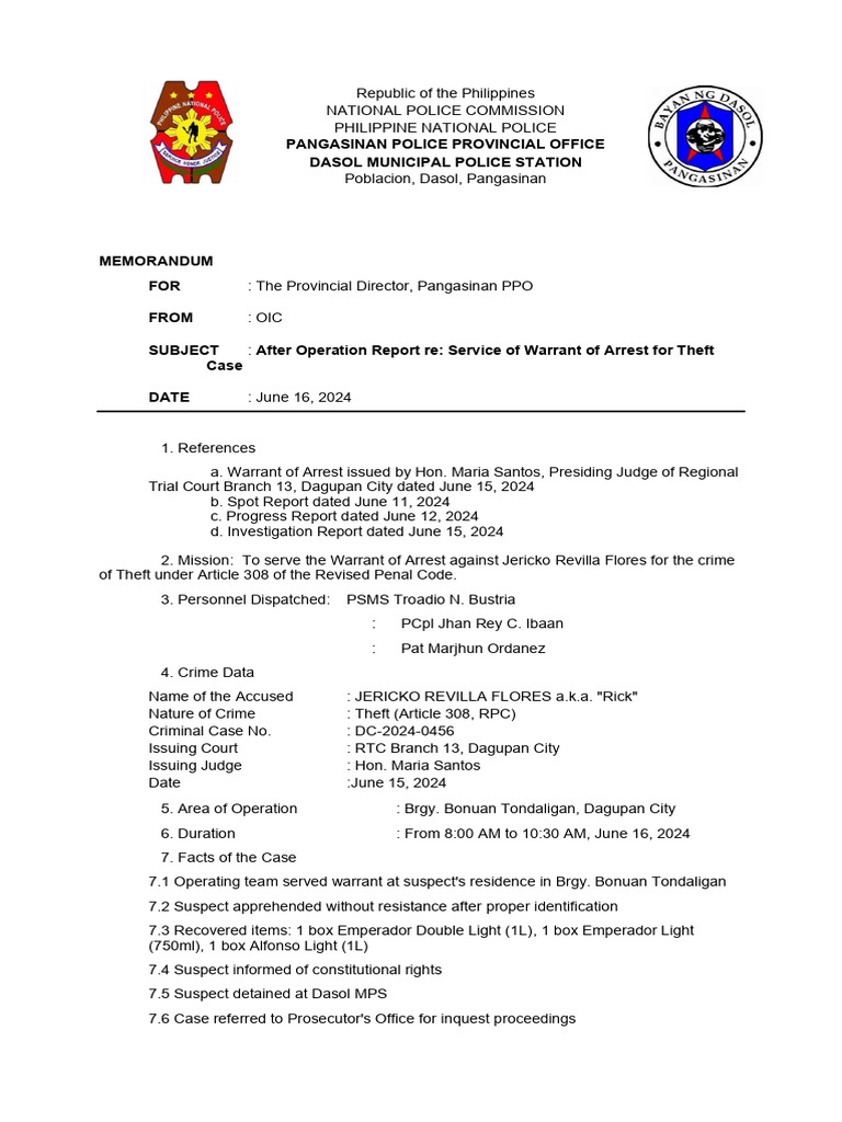 After Operation Report: Theft Warrant Service | PDF