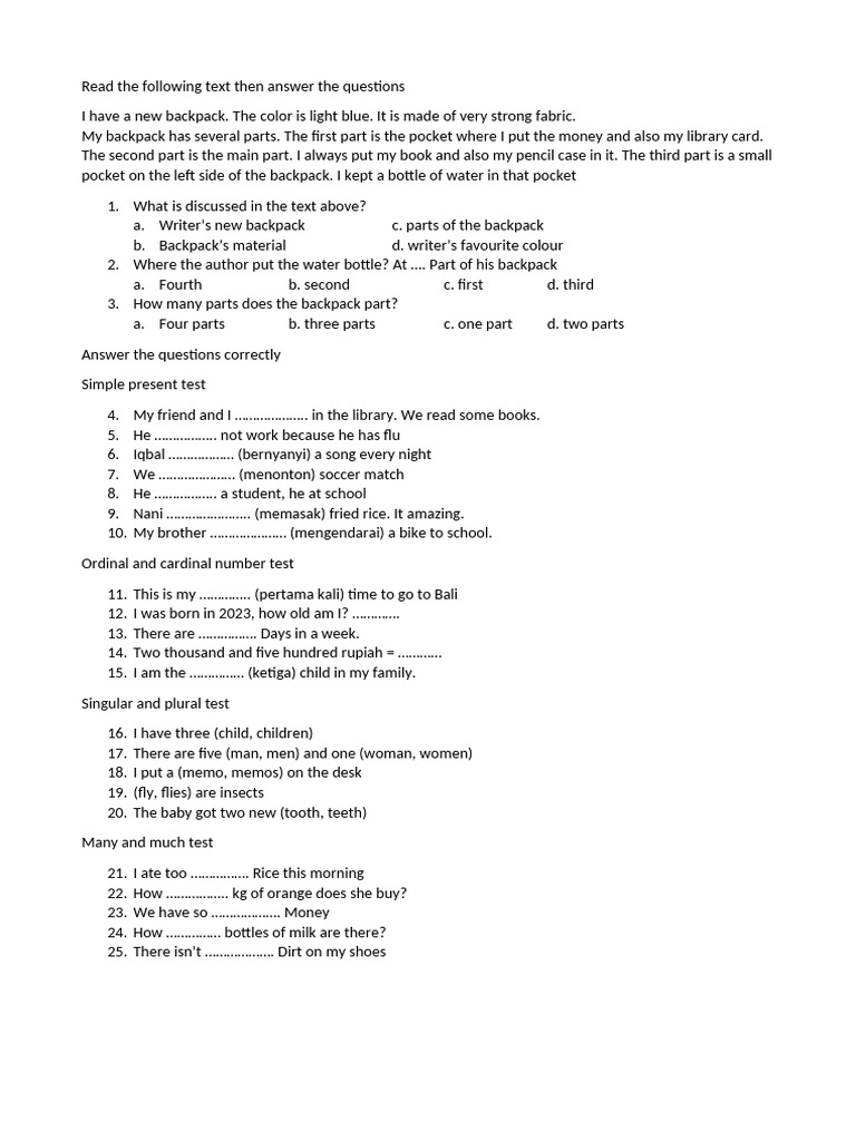 Backpack Description and Quiz | PDF