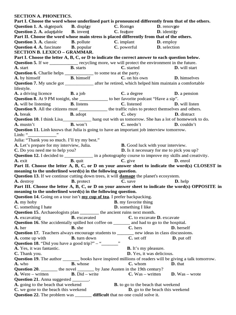 Phonetics and Grammar Practice Test | PDF