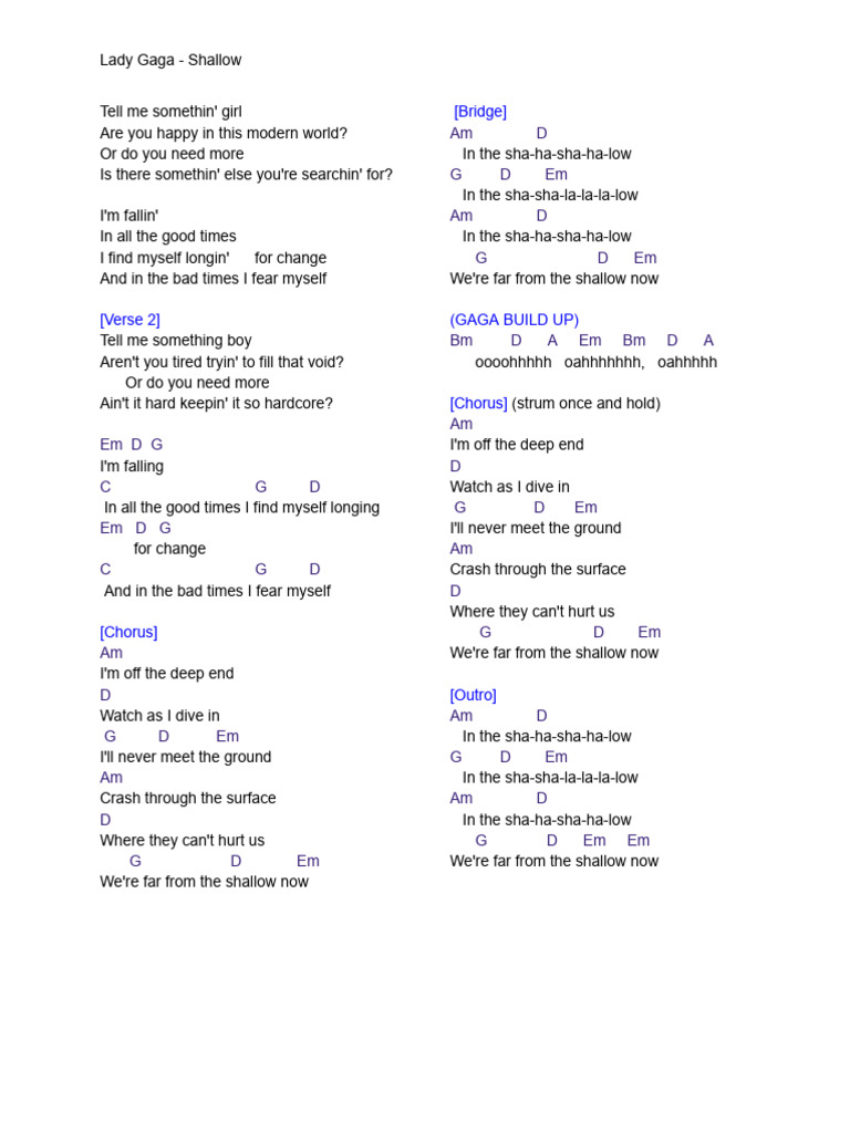 Lady Gaga - Shallow Lyrics Analysis | PDF