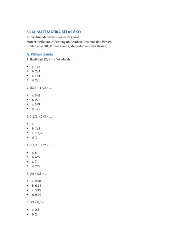 Soal Matematika Kelas 6: Pecahan & Desimal | PDF
