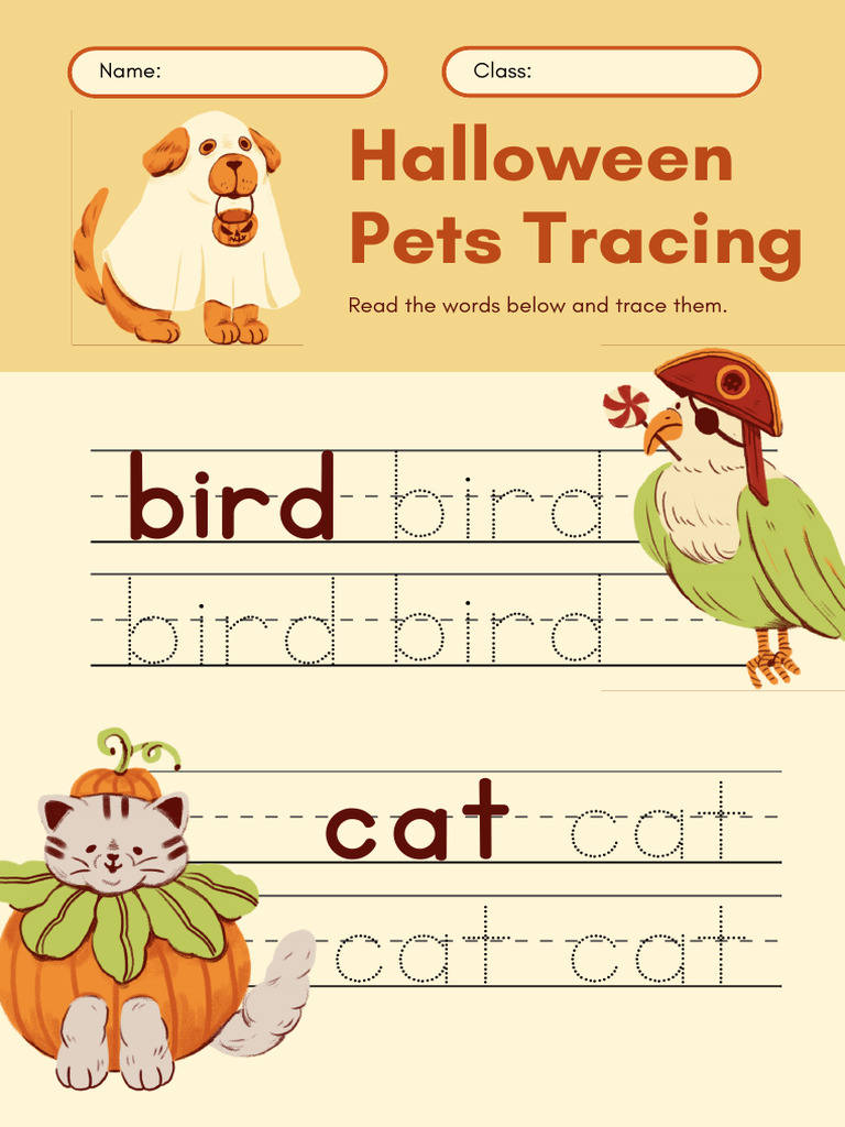 Halloween Pets Tracing Worksheet in Orange and Yellow Playful Style | PDF