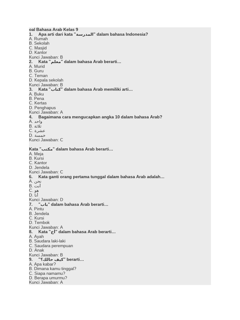 Kunci Jawaban Soal Bahasa Arab Kelas 9 | PDF