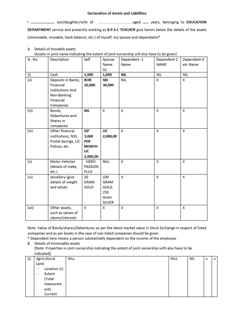 Asset and Liability Declaration Form | PDF | Money | Business