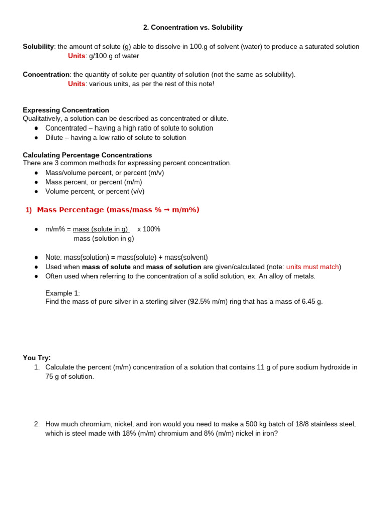 2. Concentration vs. Solubility | PDF | Concentration | Solubility