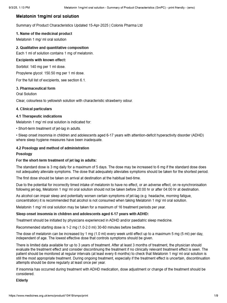 Melatonin 1mg/ml Oral Solution Overview | PDF | Insomnia | Dose ...