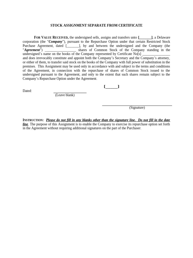 - Stock Assignment Separate From Certificate - - Prepared on Cooley GO ...