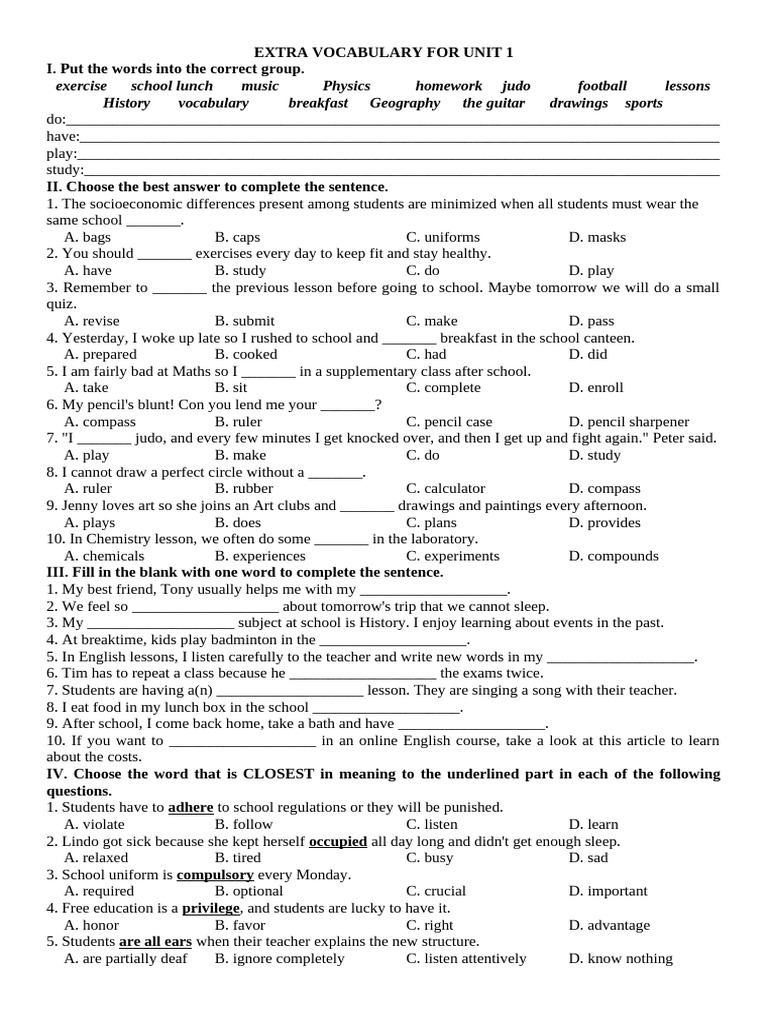Extra Vocabulary for Unit 1 Exercises | PDF