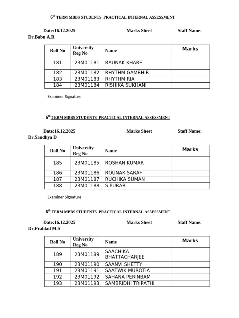 6th Term MBBS Practical Assessment Marks | PDF