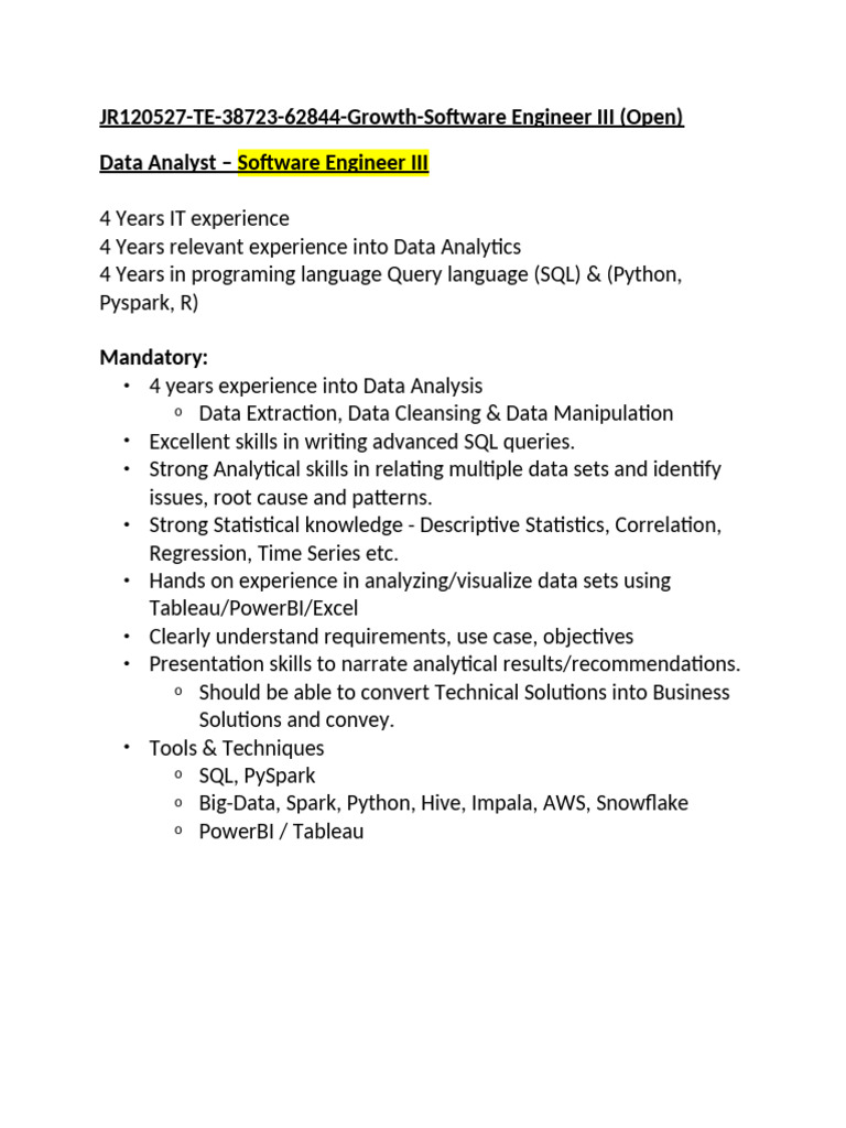 Data Analyst & Software Engineer III Role | PDF