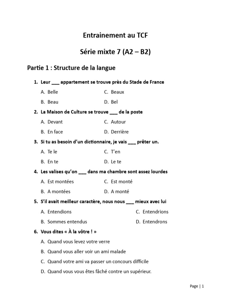 Entraînement TCF A2-B2 : Langue et Compréhension | PDF