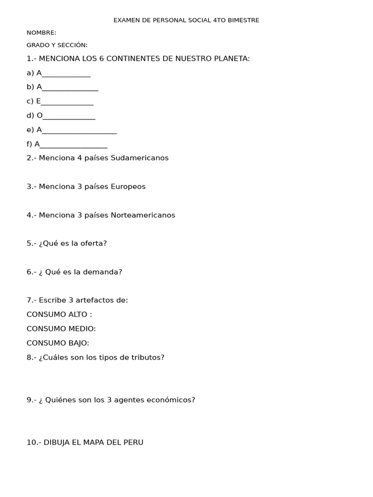 Examen de Personal Social 4to Bimestre | PDF