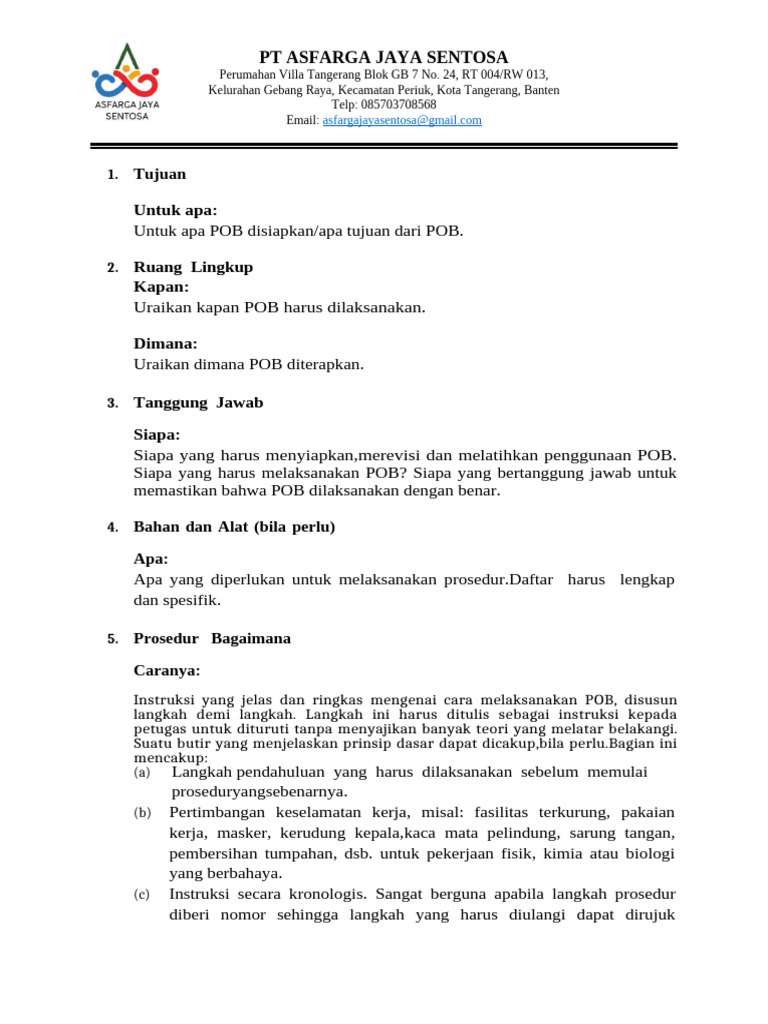 Prosedur Operasional Standar POB PT ASFARGA | PDF