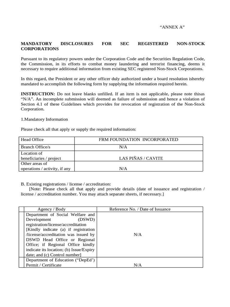 SEC Mandatory Disclosures for Non-Stock Corporations | PDF | Economies